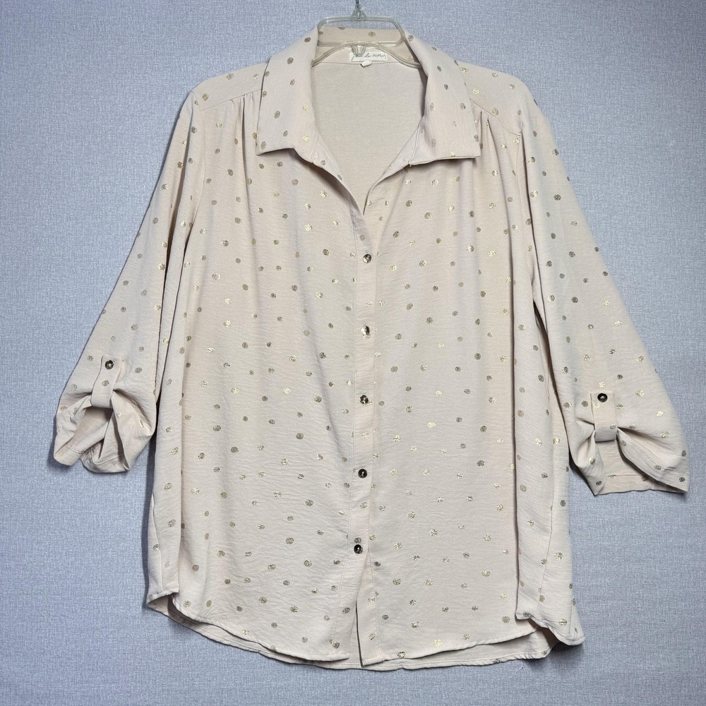 Joie De Vivre Button Up Shirt Womens 1X Beige‎ Polka Dot Tunic Roll Tab Top